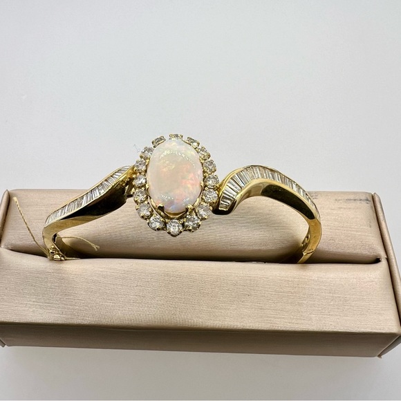 14k Yellow Gold Opal & Diamond Bangle Bracelet - Picture 2 of 12